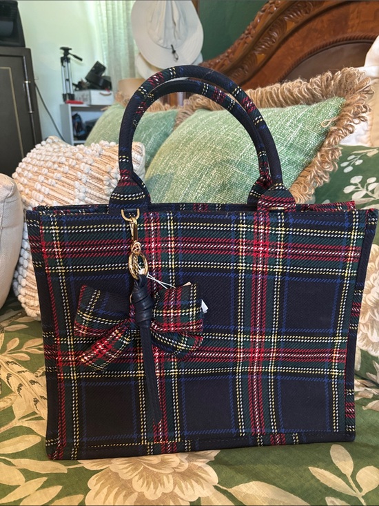 Shiraleah Handbags - Shiraleah Plaid Tote Bag with Bow Accent - Navy Red Green